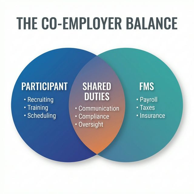 Venn diagram showing the shared responsibilities between Participant and FMS in the Co-Employer model